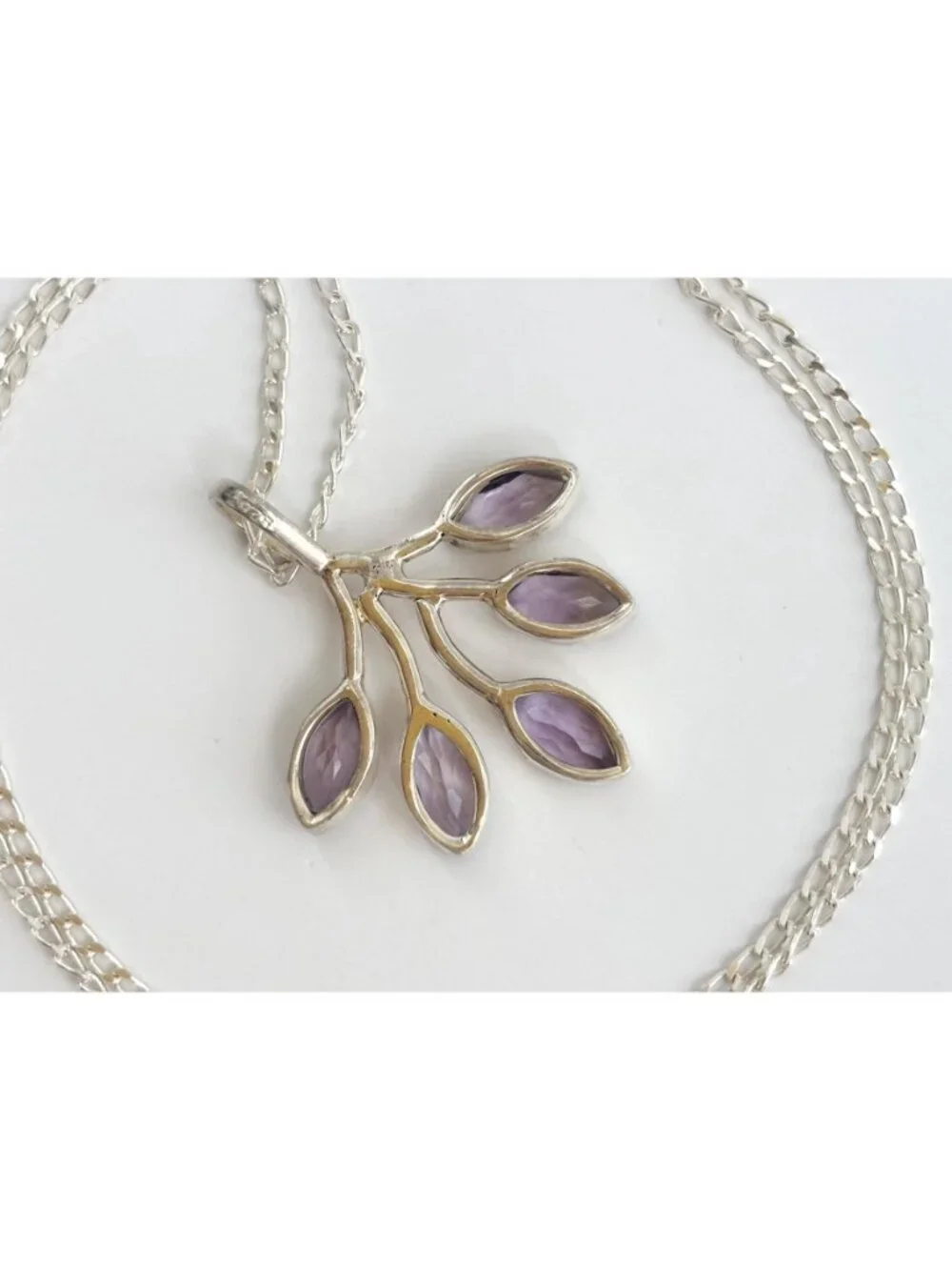 Amethyst Branched Leaves Sterling Silver 925 Vintage Pendant Necklace - 18